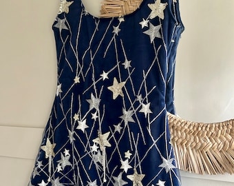 Handmade star embellished sequin tulle navy velvet mini dress with tassels