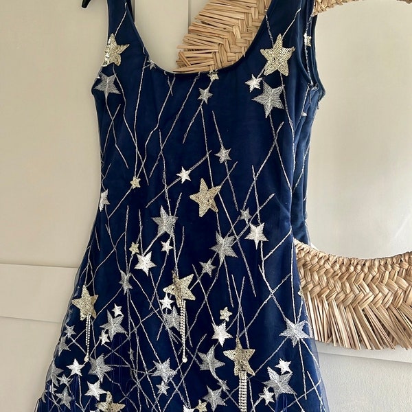 Handmade star embellished sequin tulle navy velvet mini dress with tassels