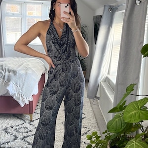 Sparkly Art Deco wide leg, high waisted black and silver trousers