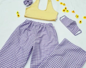 Gingham Wide Leg Trousers Set, Fleece Top, Scrunchie