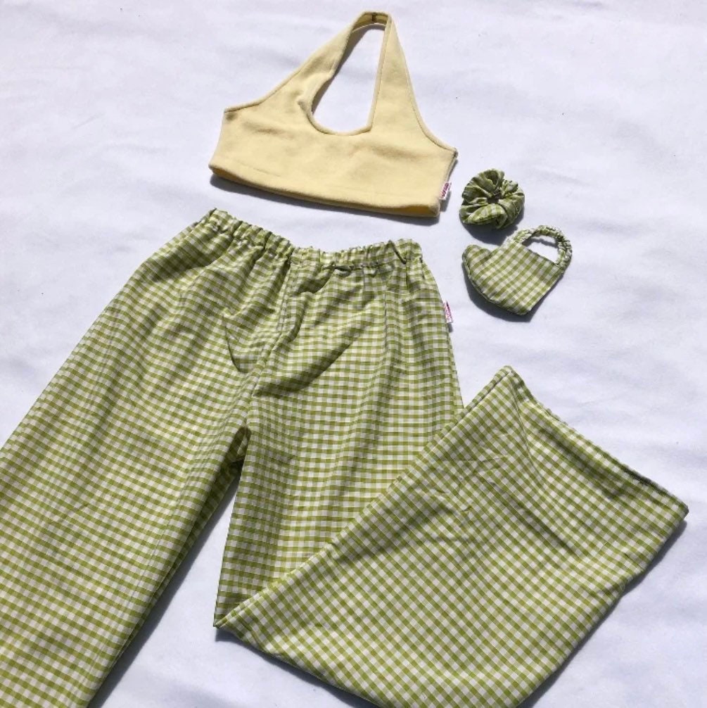 High Waisted Drawstring Side Pocket Gingham Wide Leg Casual Cotton Pants