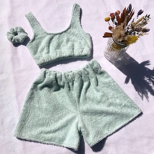Handmade terrycloth towelling shorts, top & scrunchie co-ord