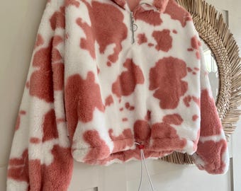 Multiple colours* Handmade plush faux fur cow print 3/4 zip neck jumper