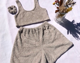 Handmade terrycloth towelling shorts, top & scrunchie co-ord