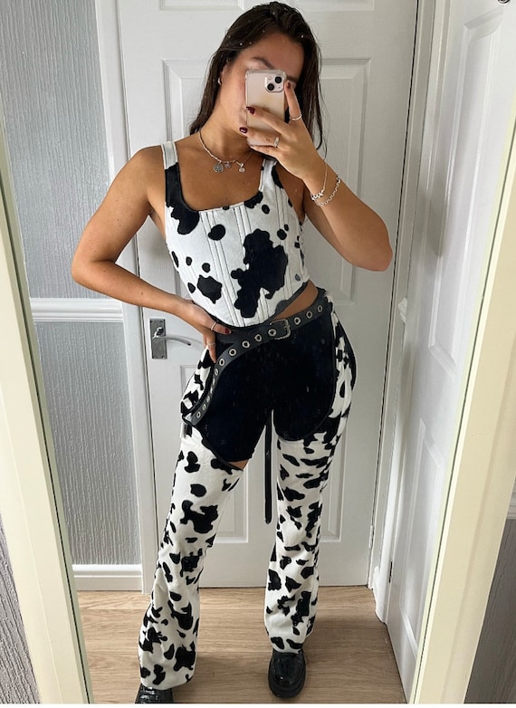 Buy Thaisu Cow Print Pants for Women,High Waist Denim Mom Jeans Milk Cow  Patterned with Pockets, 1#black White, Large at Amazon.in