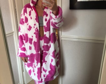 Handmade Pink White Cow Faux Coat