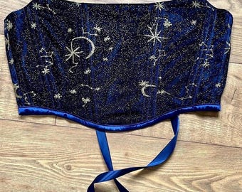 Handmade Navy Velvet corset with gold star and moon black tulle overlay