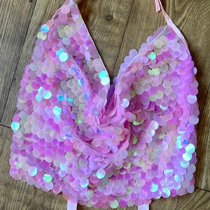 Handmade Heavily embellished Disc sequin Pink mesh halterneck cowl tie top
