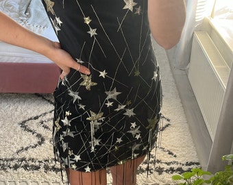 Handmade Star Embellished Sequin Tulle Black Velvet Mini Dress With Tassels  - Etsy