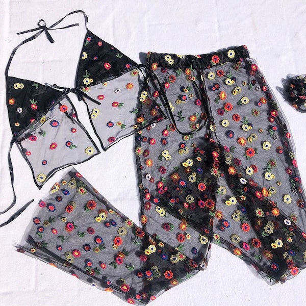 Handmade mesh floral flares, top and scrunchie co-ord festival outfit