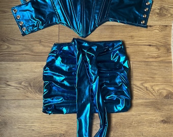 Handmade alien tie up ruched wet look foil skirt