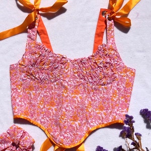 Handmade retro floral reversible corset with ruched cups