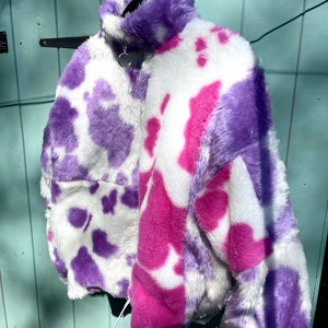 Customisable Handmade sustainable patchwork faux fur cow pattern print jumper