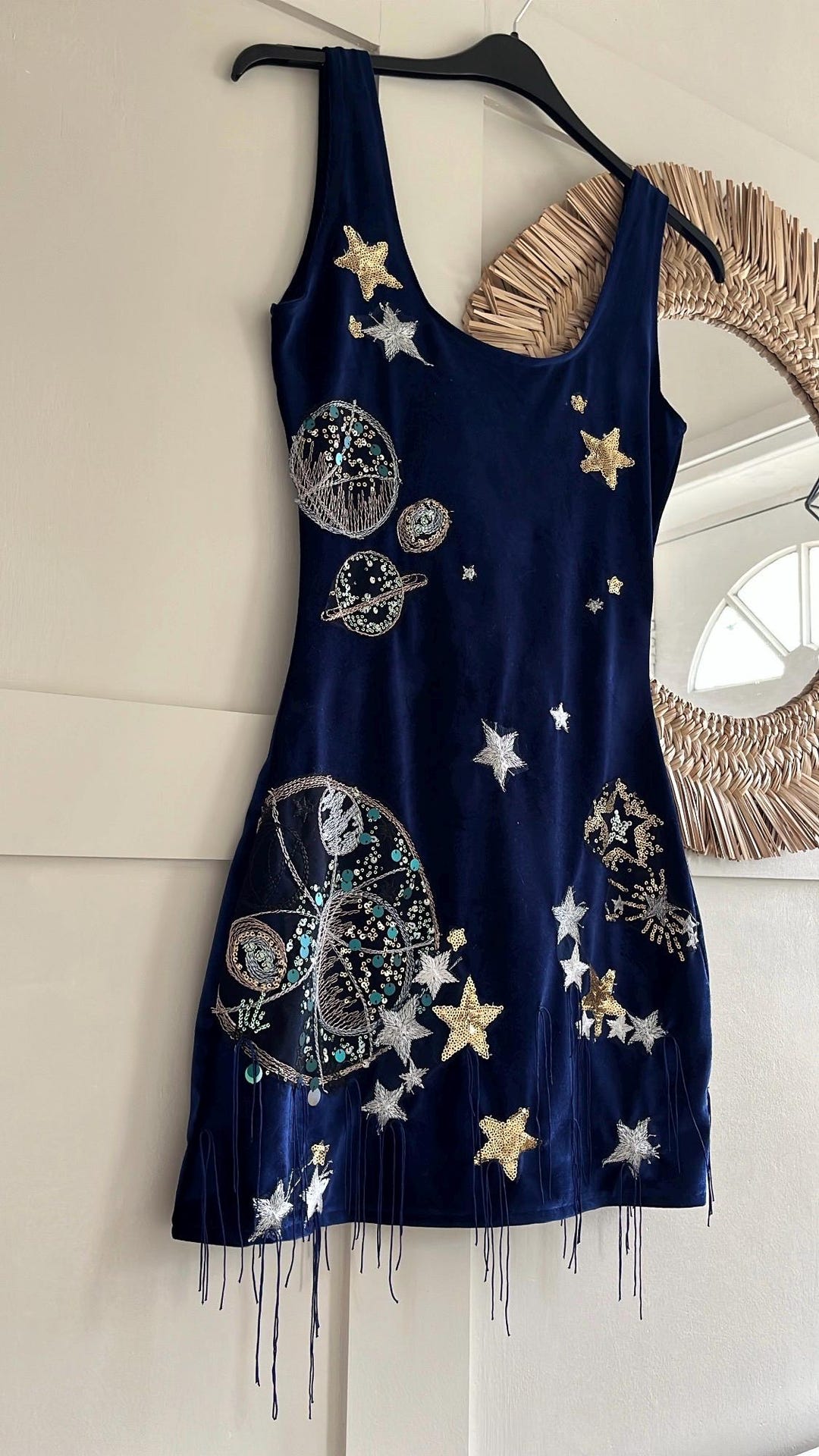 Handmade Sparkly Embellished Cosmic, Star, Sun, Moon and Constellations  Sequin Details Appliqued Navy Tasselled Velvet Dress - Etsy UK