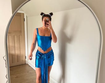 Handmade wet look, foil alien Halloween outfit, skirt, corset top and scrunchie