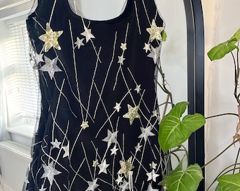 Handmade star embellished sequin tulle black velvet mini dress with tassels