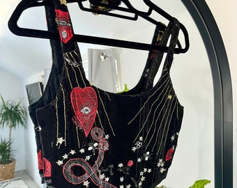 Handmade sun, star and heart embellished tulle black velvet corset valentines corset