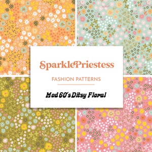 Puede incluir: Cuatro patrones florales sin costuras en naranja, verde, azul y rosa sobre un fondo blanco. Los patrones están etiquetados como "Mod 60's Ditsy Floral" y "Sparkle Priestess Fashion Patterns".