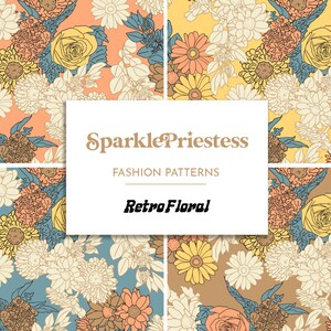 Könnte beinhalten: Vier Retro-Blumenmuster mit verschiedenen Farbschemata. Jedes Muster zeigt ein sich wiederholendes Design stilisierter Blumen in Orange-, Gelb-, Blau- und Brauntönen. Der Text "Sparkle Priestess Fashion Patterns Retro Floral" wird angezeigt.