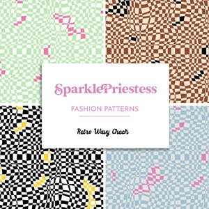 May include: Four different color variations of a retro wavy check pattern. The pattern is a black and white checkered pattern with a wavy effect. The colors are green, brown, black and white, and blue. The text "SparklePriestess Fashion Patterns Retro Wavy Check" is in the center of the image.