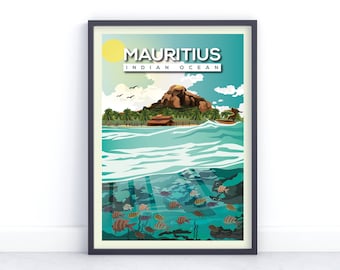 May include: A colorful illustration of a tropical island with a mountain, palm trees, and a beach. The text "Mauritius Indian Ocean" is at the top of the image. The water is turquoise and there are fish swimming underwater.