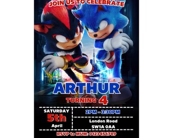 May include: A blue and black birthday invitation featuring Sonic the Hedgehog and Shadow the Hedgehog. The invitation says "Join us to celebrate Arthur turning 4" with details for the party on the bottom.