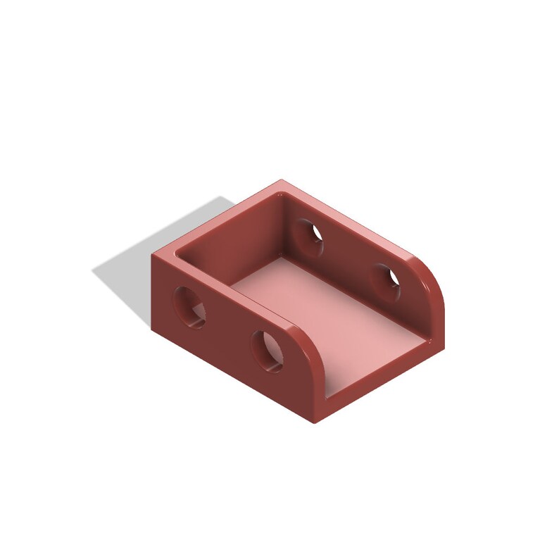 May include: A red plastic bracket with four holes. The bracket has a rectangular shape with a curved edge on one side.