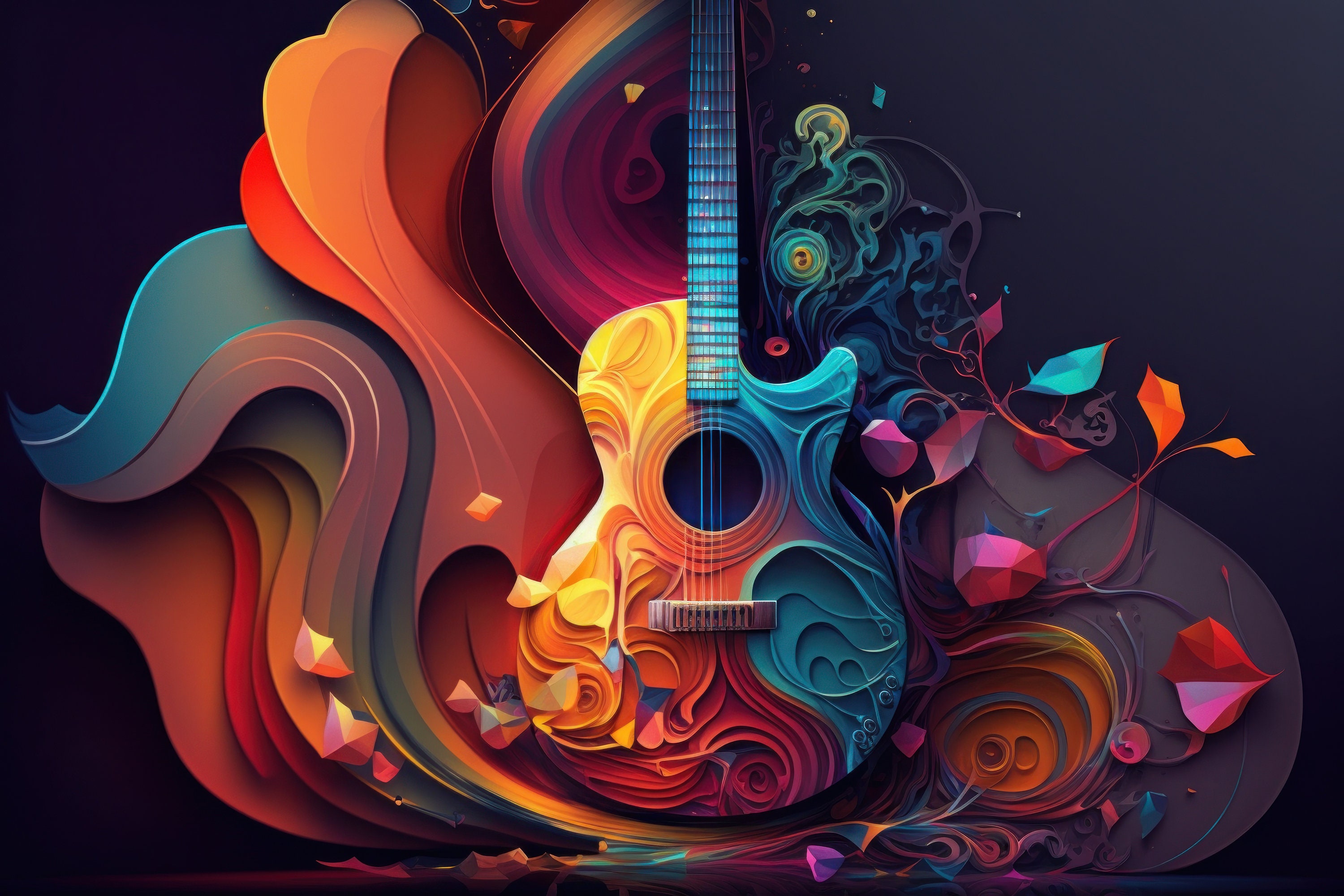 ART ABSTRAIT/アープ/ポスター Abstract Colourful Guitar AI Generated & Enhanced Digital