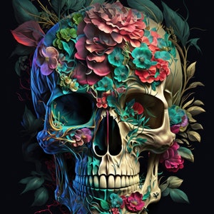 Floral Skull AI Generated & Enhanced Digital Download Poster - A1 size - 8K Resolution