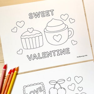 May include: A black and white coloring page with a cupcake, a cup of coffee, and hearts. The text "SWEET VALENTINE" is written in a bold font. The text "Muddymango Kids" is in the bottom right corner.