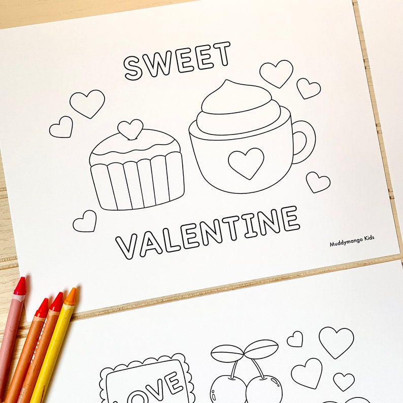 May include: A black and white coloring page with a cupcake, a cup of coffee, and hearts. The text "SWEET VALENTINE" is written in a bold font. The text "Muddymango Kids" is in the bottom right corner.