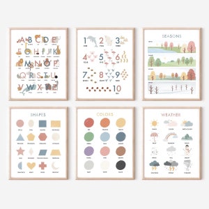 Set of 6 Educational Posters, Alphabet, Numbers, Colors, Shapes ...