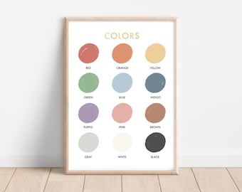 Cartel de colores, impresión de colores, cartel educativo imprimible, impresión de arte para niños, impresión de arte de pared, arte de pared de guardería, cartel de aula de educación en el hogar