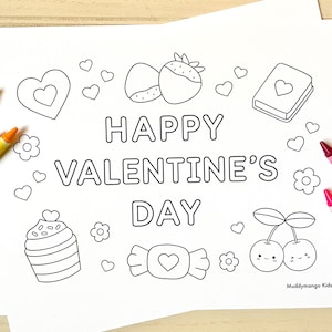 May include: A black and white coloring page with the text "Happy Valentine's Day" surrounded by hearts, flowers, a cupcake, a candy, a strawberry, and a cherry.