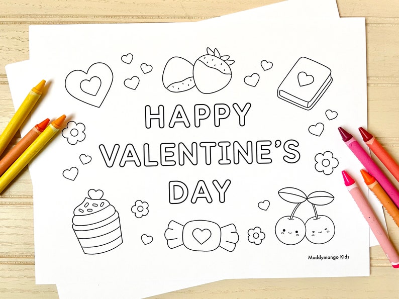 May include: A black and white coloring page with the text "Happy Valentine's Day" surrounded by hearts, flowers, a cupcake, a candy, a strawberry, and a cherry.