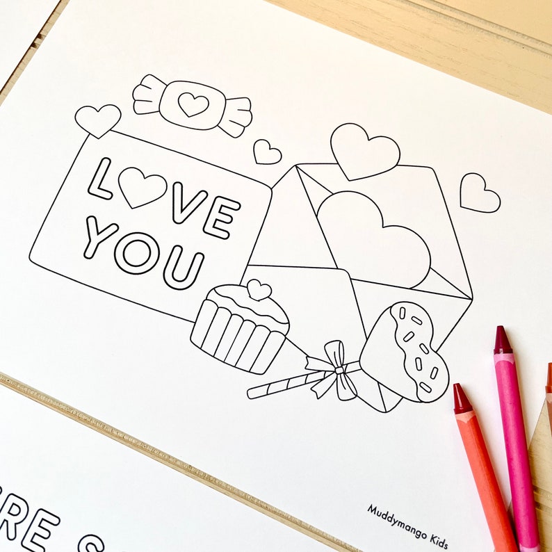May include: A black and white coloring page with a Valentine's Day theme. The page features a heart-shaped envelope, a cupcake, a lollipop, a candy, and a card that says "LOVE YOU".