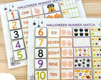Könnte beinhalten: Zwei Halloween-Zahlen-Zuordnungs-Arbeitsblätter. Jedes Blatt zeigt die Zahlen 1-10 mit den entsprechenden Wörtern, Fingerzählungen und Halloween-Bildern wie Kürbissen, Geistern und Spinnen. Die Blätter sind mit Spinnweben und Sternen verziert.