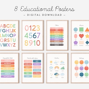 Conjunto de 8 carteles educativos del arco iris - Descarga digital, carteles de aula, carteles educativos de educación en el hogar, impresiones de sala de juegos