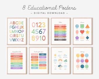 Set of 8 Rainbow Educational Posters - Digital Download, Classroom Posters, Homeschool Educational Posters, Playroom Prints