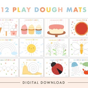 May include: Twelve printable play dough mats featuring various themes, including ice cream, cupcakes, cake, pizza, rainbow, sun, flowers, butterfly, caterpillar, snail, ladybug, and ocean animals. Each mat has a simple outline for kids to trace with play dough.
