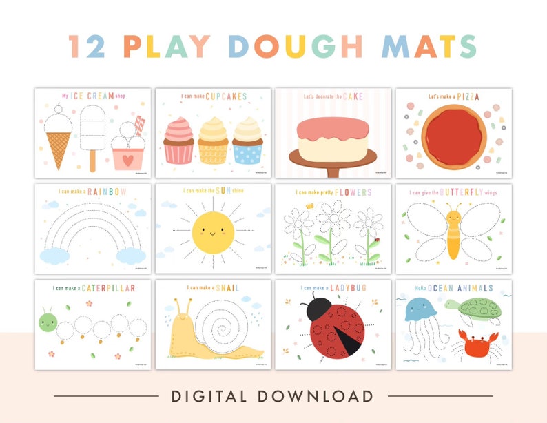 May include: Twelve printable play dough mats featuring various themes, including ice cream, cupcakes, cake, pizza, rainbow, sun, flowers, butterfly, caterpillar, snail, ladybug, and ocean animals. Each mat has a simple outline for kids to trace with play dough.