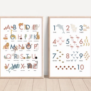 Conjunto de 2 carteles de animales y números 1-10, impresiones de alfabeto y números, carteles educativos imprimibles, decoración de aula de educación en el hogar
