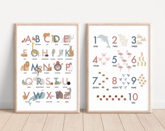 Conjunto de 2 carteles de animales y números 1-10, impresiones de alfabeto y números, carteles educativos imprimibles, decoración de aula de educación en el hogar