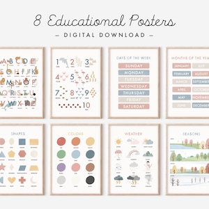 Conjunto de 8 pôsteres educacionais - download digital, pôsteres para sala de aula, pôsteres para escolas em casa, decoração para sala de jogos, impressões educacionais para crianças