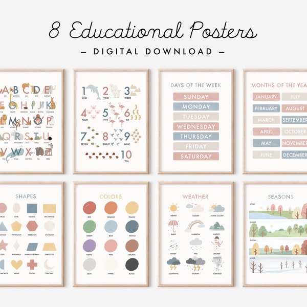 Set van 8 Educatieve Posters - Digitale Download, Klas Posters, Homeschool Posters, Speelkamer Decor, Educatieve Prints voor Kinderen