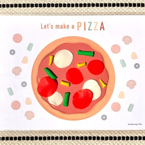 May include: A white card with the text "Let's make a PIZZA" in colorful letters. A cartoon pizza with red pepperoni, green peppers, and white cheese is in the center of the card.  Around the pizza are various colorful shapes, including mushrooms, green peppers, and red pepperoni.