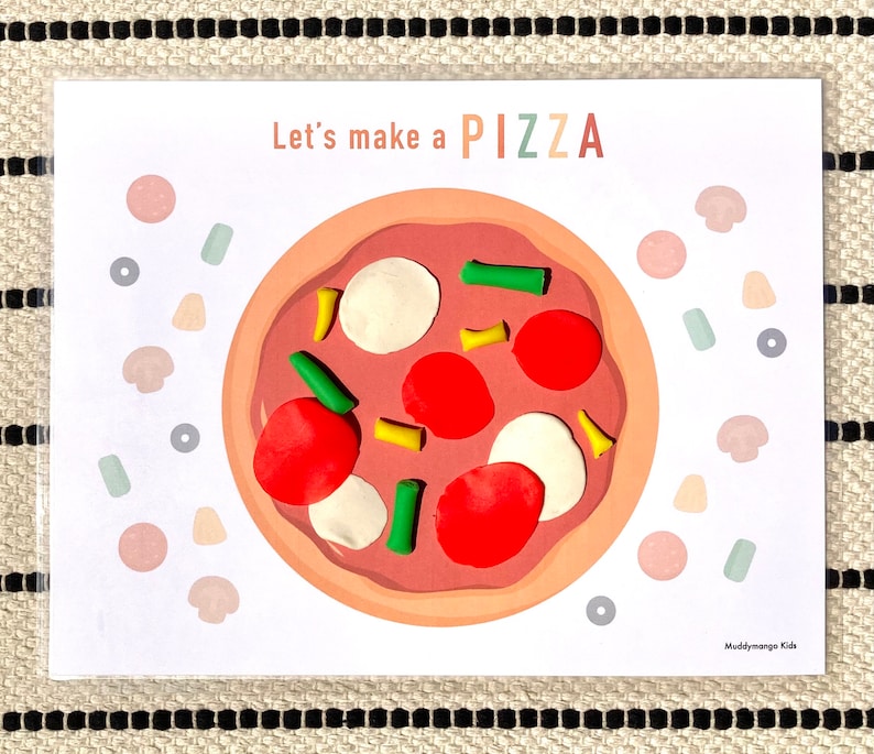 May include: A white card with the text "Let's make a PIZZA" in colorful letters. A cartoon pizza with red pepperoni, green peppers, and white cheese is in the center of the card.  Around the pizza are various colorful shapes, including mushrooms, green peppers, and red pepperoni.