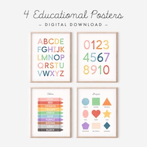 Conjunto de 4 carteles educativos, descarga digital, alfabeto, números 1-10, colores, impresiones de formas, carteles de aula