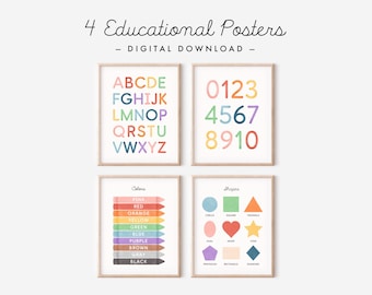 Set of 4 Educational Posters, Digital Download, Alphabet, Numbers 1-10, Colors, Shapes Prints, Classroom Posters