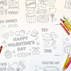 May include: A set of printable Valentine's Day coloring pages featuring various designs, including hearts, cupcakes, donuts, and a cat. The pages are black and white and ready to be colored.